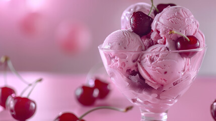 A close-up shot of a glass bowl filled with pink cherry ice cream topped with fresh cherries on a pink table