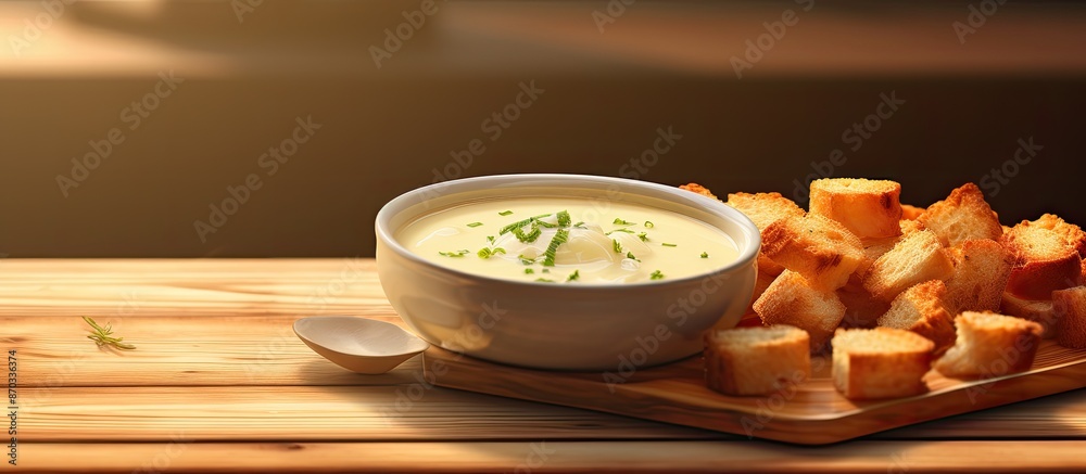 Poster on a wooden surface, there is a serving of fresh onion cream soup accompanied by croutons, with a ba
