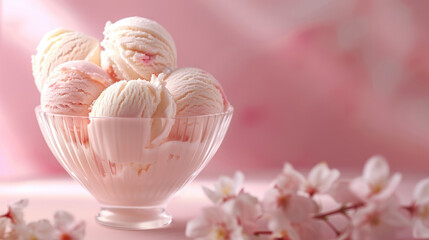 A close-up of a glass bowl filled with creamy vanilla ice cream, surrounded by delicate pink blossoms
