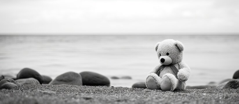 A monochrome Teddy Bear on the shore with text space in the background for adding your message or words; a copy space image.