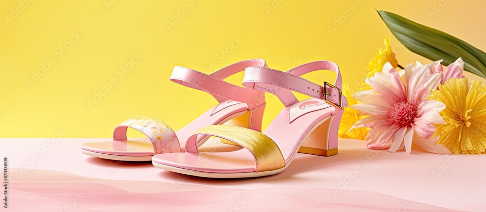 Poster pink sandals set on a pastel background in shades of pink and yellow, embodying a summer theme with 