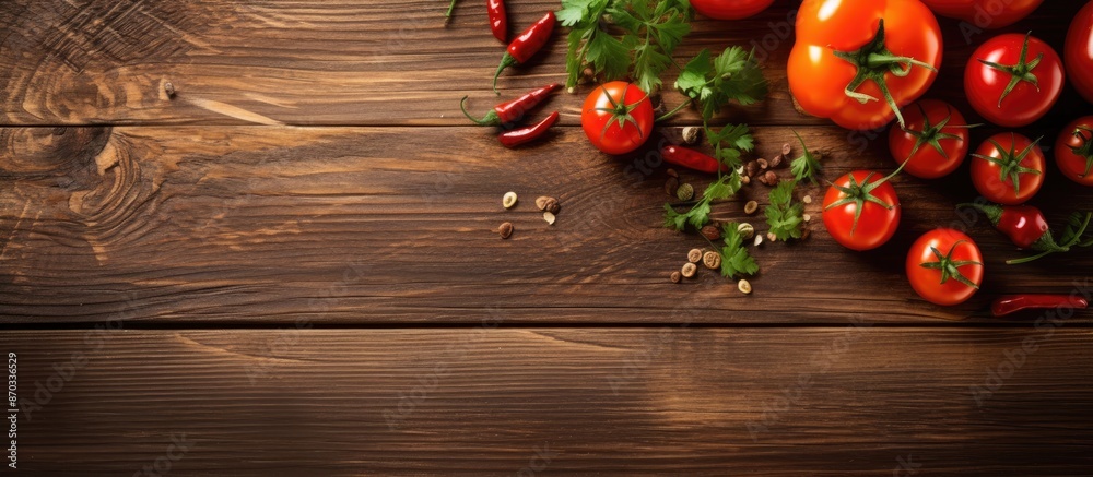 Poster Photo of tomatoes and chili on a wooden background with open space for text or other elements. with copy space image. Place for adding text or design
