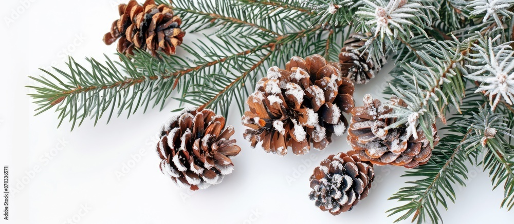 Poster top view winter-themed arrangement with pine branches, pine cones on white backdrop, ideal for merry
