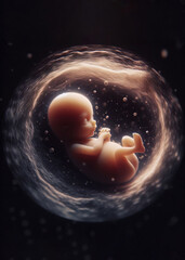 A baby is laying in a womb with a dark background