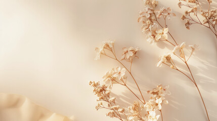 A simple flat lay featuring white flowers arranged on a beige background with ample copy space. Soft natural light creates a warm, inviting atmosphere