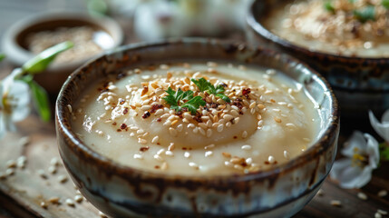 A close-up image of a bowl of creamy white pudding topped with sesame seeds, parsley, and a hint of red pepper flakes