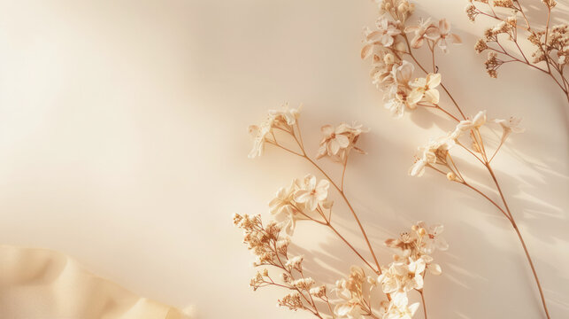 A simple flat lay featuring white flowers arranged on a beige background with ample copy space. Soft natural light creates a warm, inviting atmosphere