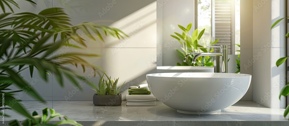 Poster Indoor modern water sink with mirror reflection in the restroom. with copy space image. Place for adding text or design