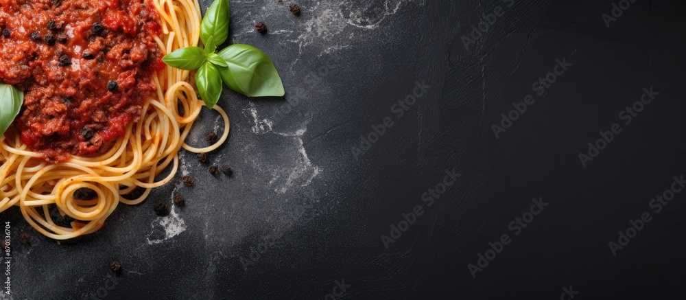 Poster View from above of Spaghetti Bolognese on a cool grey stone surface with ample copy space image available.