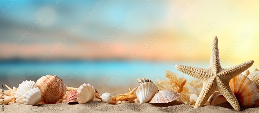 Poster A beach-themed table with sea shells and starfish for a summer concept, featuring a background with ample space for text or images.