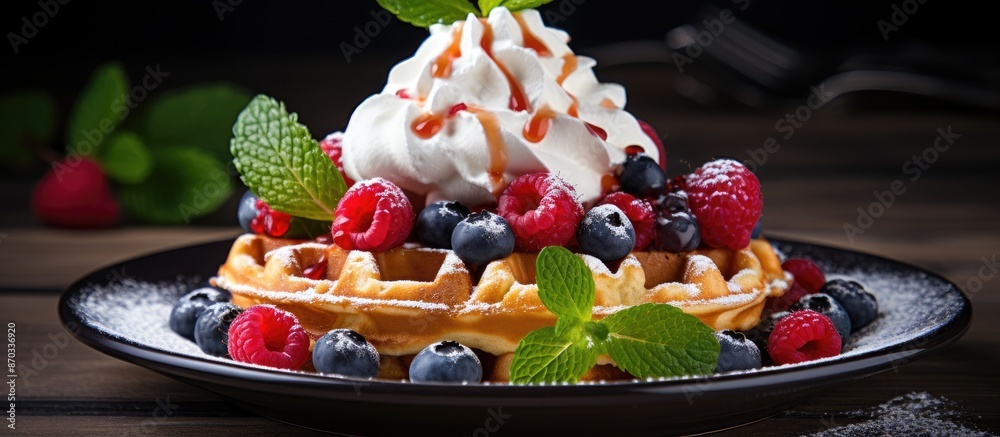 Poster delicious waffles topped with fresh berries and cream, ideal for any breakfast or brunch menu, creat