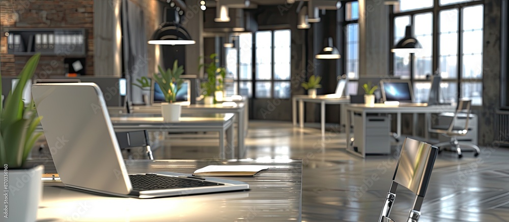 Poster interior of a modern office with sleek furniture, laptops, and empty areas for text or graphics. wit