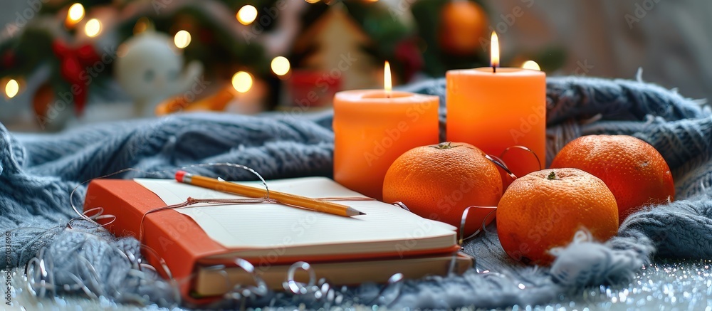 Poster christmas and new year still life. candles, tinsel, tangerines, toys and notebook with pencil. with 