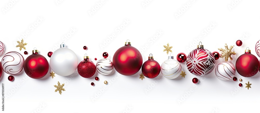 Fototapete A holiday-themed border with festive Christmas ornaments set against a white backdrop, ideal for adding text or images. with copy space image. Place for adding text or design