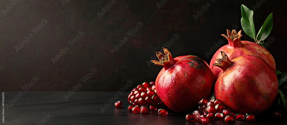 Poster Table with ripe pomegranates on black background, ideal for a copy space image.