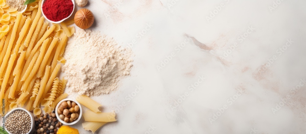 Poster different varieties of pasta displayed on a white marble surface with flour, featuring a blank area 