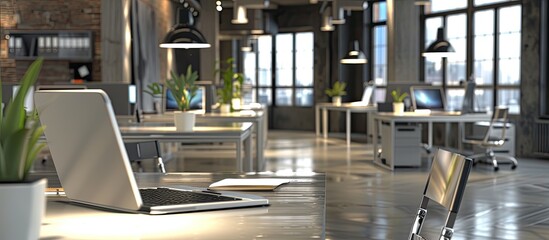 Interior of a modern office with sleek furniture, laptops, and empty areas for text or graphics. with copy space image. Place for adding text or design