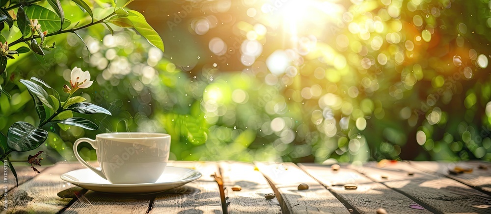 Leinwandbilder an inviting scene in a garden: a white coffee cup on a wooden table against a natural backdrop; perf