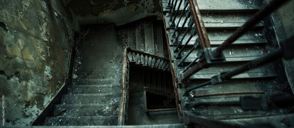 Fototapete looking down stairway rectangular spiral. with copy space image. place for adding text or design