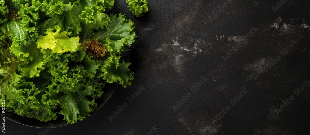 Poster top view of salad leaves mixed in a black bowl on a dark slate, stone, or concrete surface, with amp