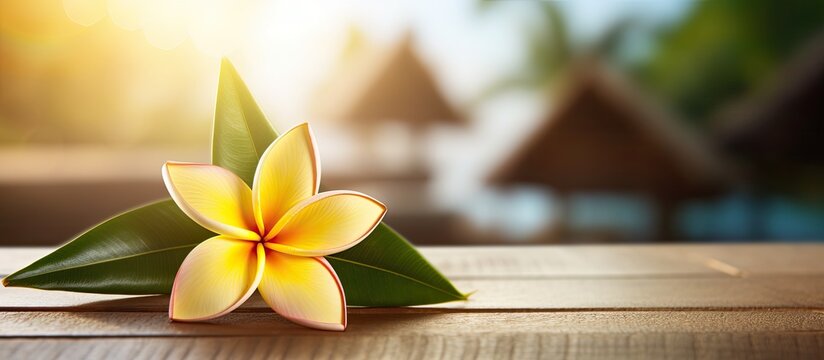 Frangipani flower on a palm leaf, a sacred temple symbol with immortality connotations perfect as a background for holiday and travel advertisements, providing a serene copy space image.
