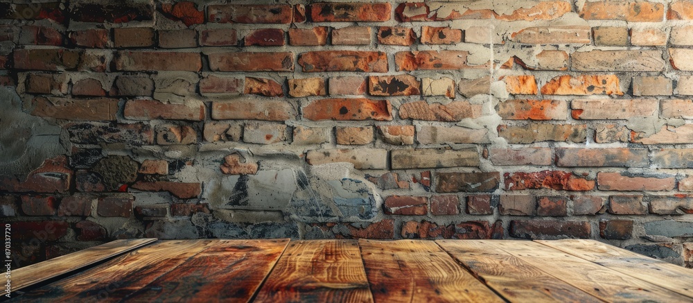 Aufkleber Rustic brick wall in the background creates a vintage backdrop for a wooden table with an empty copy space image perfect for showcasing products in a retro-inspired design layout.
