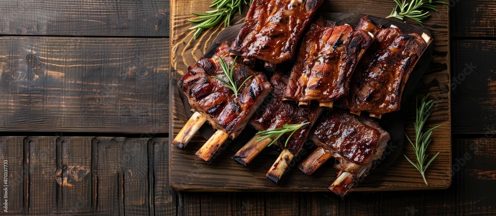 Poster top view of a wooden cutting board with a rack of mutton and lamb ribs. it is set against a dark woo