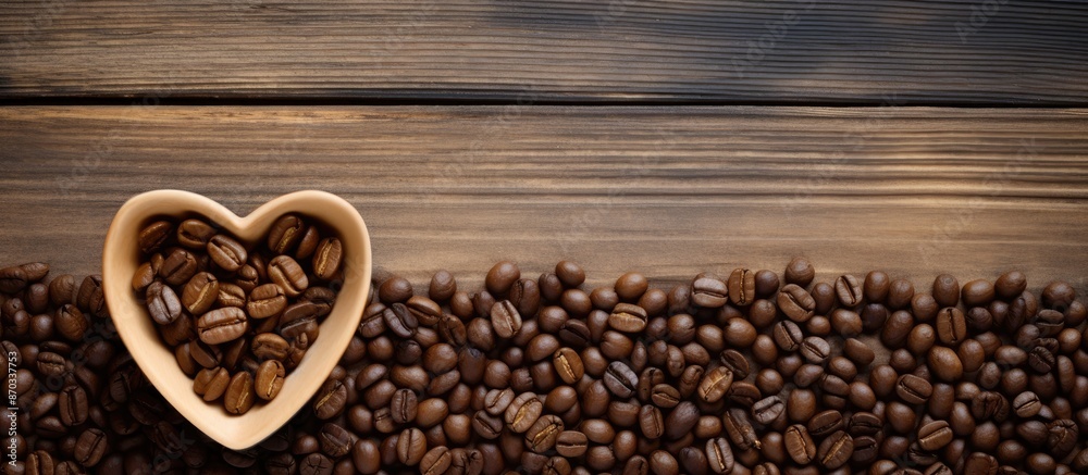 Poster heart-shaped coffee beans on rustic wooden backdrop with copy space image.