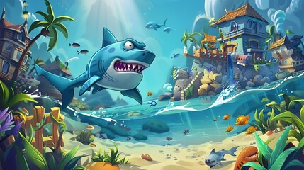 angry shark cartoon. 