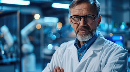 Fototapeta premium Middle Aged Male Engineer using glasses standing in front of a picture of Monitoring and Analyzing Conditions in the background of a Modern Electronics Factory with Automatic Robots Working