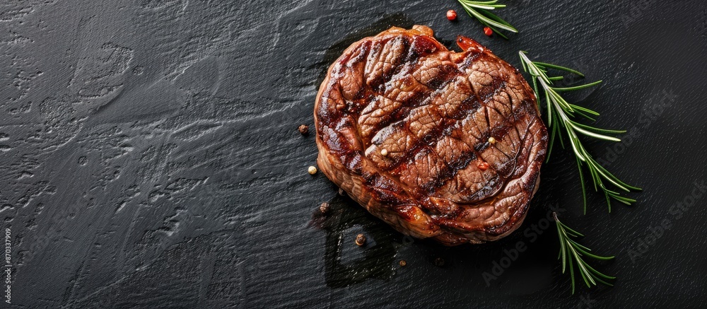 Fototapete Top view of a grilled fillet mignon beef steak on a black background with ample copy space image.