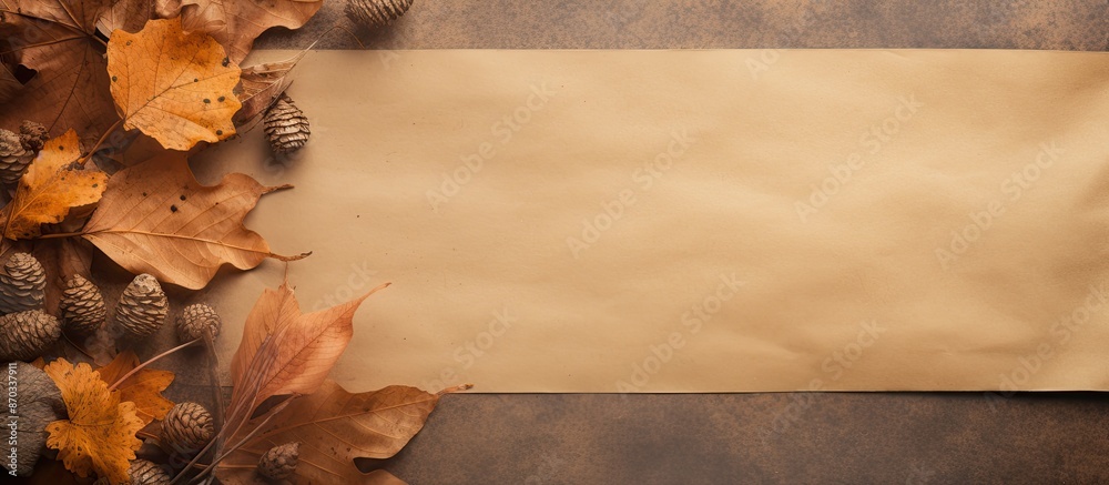 Poster Autumn theme featuring a kraft paper envelope, oak leaves, and space for text or images, suitable for a flat lay composition. with copy space image. Place for adding text or design