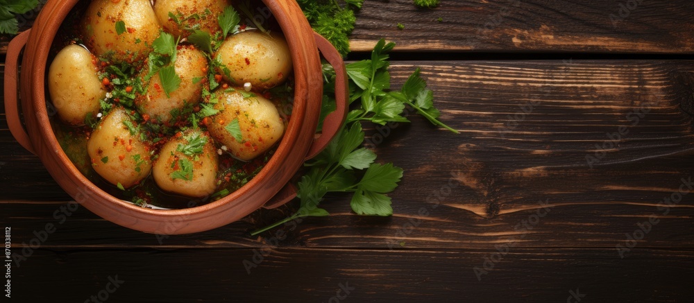 Aufkleber Top view of potato dumplings fried in a clay pot on a wooden background with copy space image.