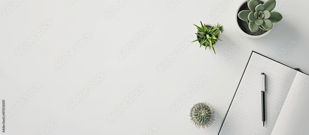 Aufkleber White desk background with an open notebook, pen, and cactus presented in a top view. Includes copy space image.