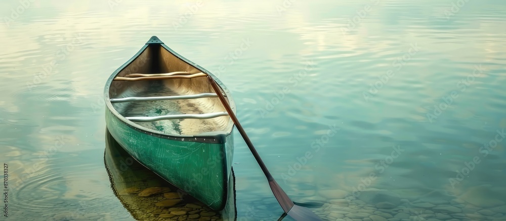 Poster a green canoe with a paddle, ideal for lake adventures on a sunny day with copy space image availabl