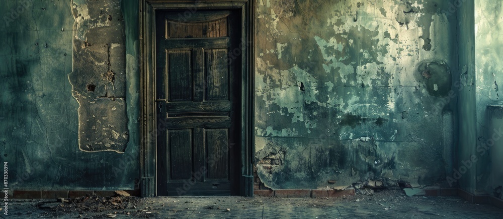 Poster Open Wooden Door in Abandoned Dirty Creepy House . with copy space image. Place for adding text or design