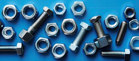 A top-down perspective of wrenches and nuts on a blue background, ideal for Father's Day themes, promotions targeting men, or masculine greeting cards. Perfect for a copy space image.