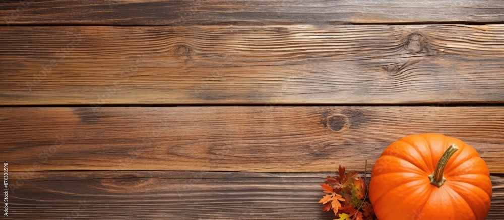 Aufkleber top view of a rustic wooden table with an orange pumpkin as the focal point, with ample copy space i