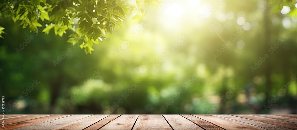 Poster outdoor template featuring a wooden table with a green sunny bokeh, ideal for showcasing your produc