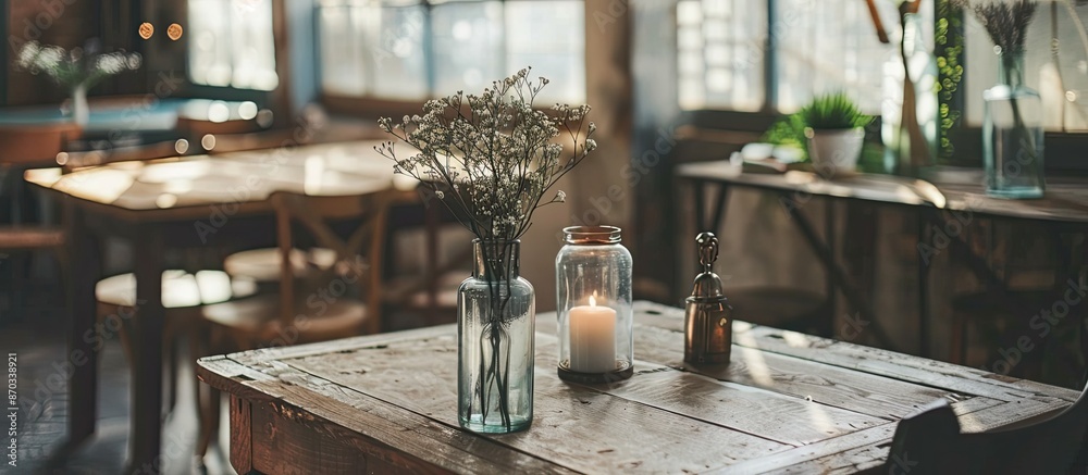 Poster interior of room with glass vases and metal candle holder placed on wooden tables. with copy space i