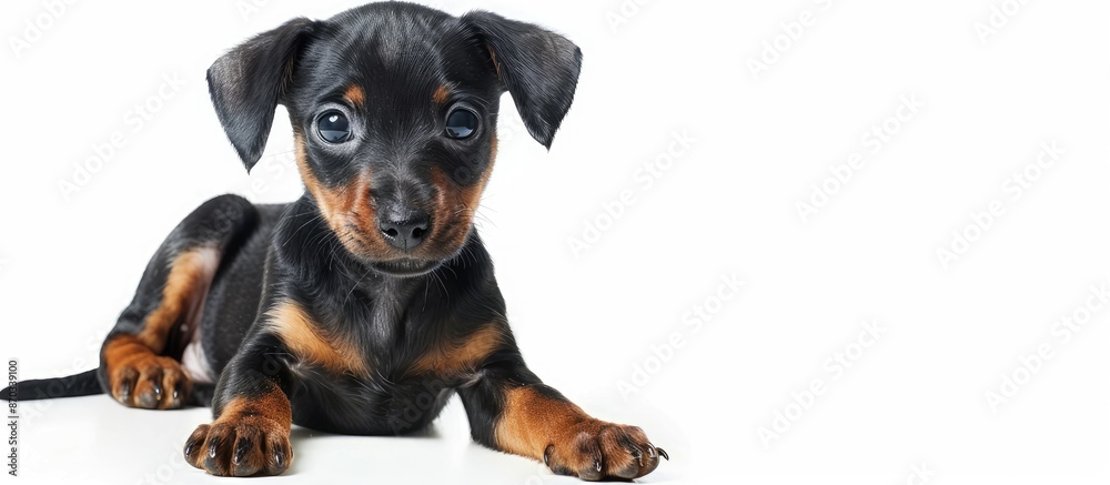 Poster a juvenile zwergpinscher pup against a white backdrop, highlighting a blank area for emphasis, perfe