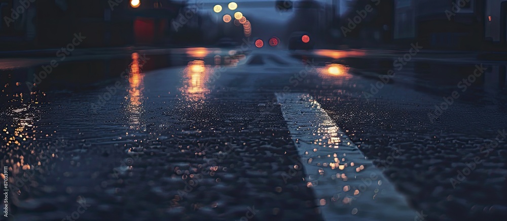 Poster Wet asphalt fills the background of a dimly lit empty street with a vast expanse of copy space image.