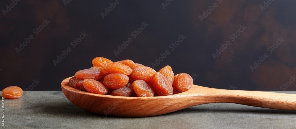 Poster wooden spoon filled with delicious dried apricots on a grey backdrop with copy space image.