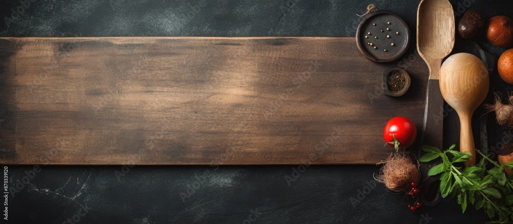 Leinwandbilder a weathered brown cutting board surrounded by kitchen utensils on a dark background, creating a rust