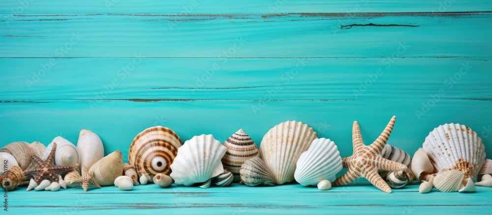 Poster seashells displayed on a backdrop of turquoise wood, with copy space image.