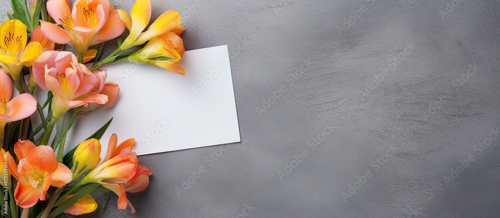 Poster Mockup featuring colorful freesia flowers and a greeting envelope on a concrete background, perfect for branding and advertising with copy space image.