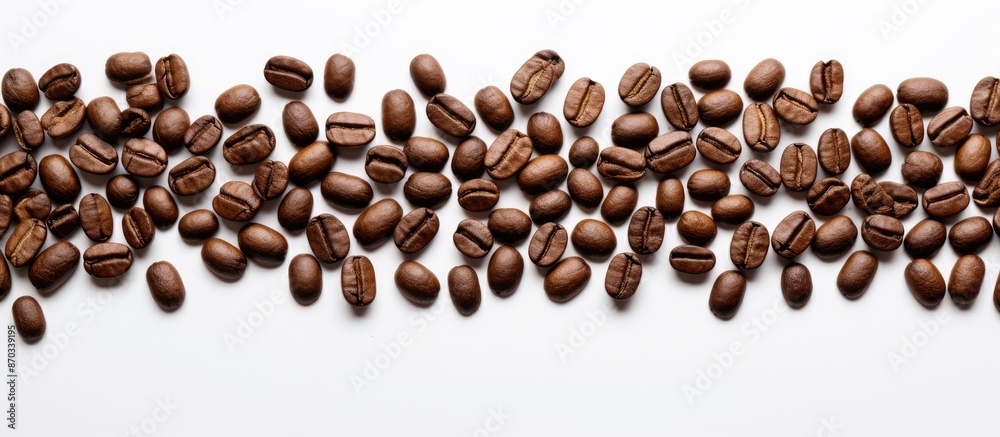 Poster roasted coffee beans assort on a blurred white backdrop, presenting an appealing copy space image fo