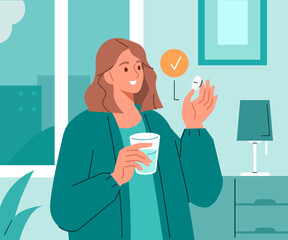 Woman at home taking medical pill correctly with glass water. Vector illustration.