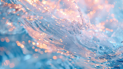 A close-up shot of water waves shimmering with gold glitter, creating a dreamy, ethereal effect. The waves are a beautiful pastel blue and pink, capturing the essence of a gentle and serene moment