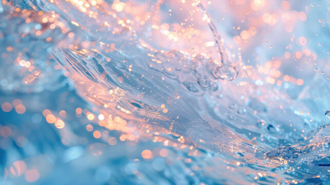 A close-up shot of water waves shimmering with gold glitter, creating a dreamy, ethereal effect. The waves are a beautiful pastel blue and pink, capturing the essence of a gentle and serene moment